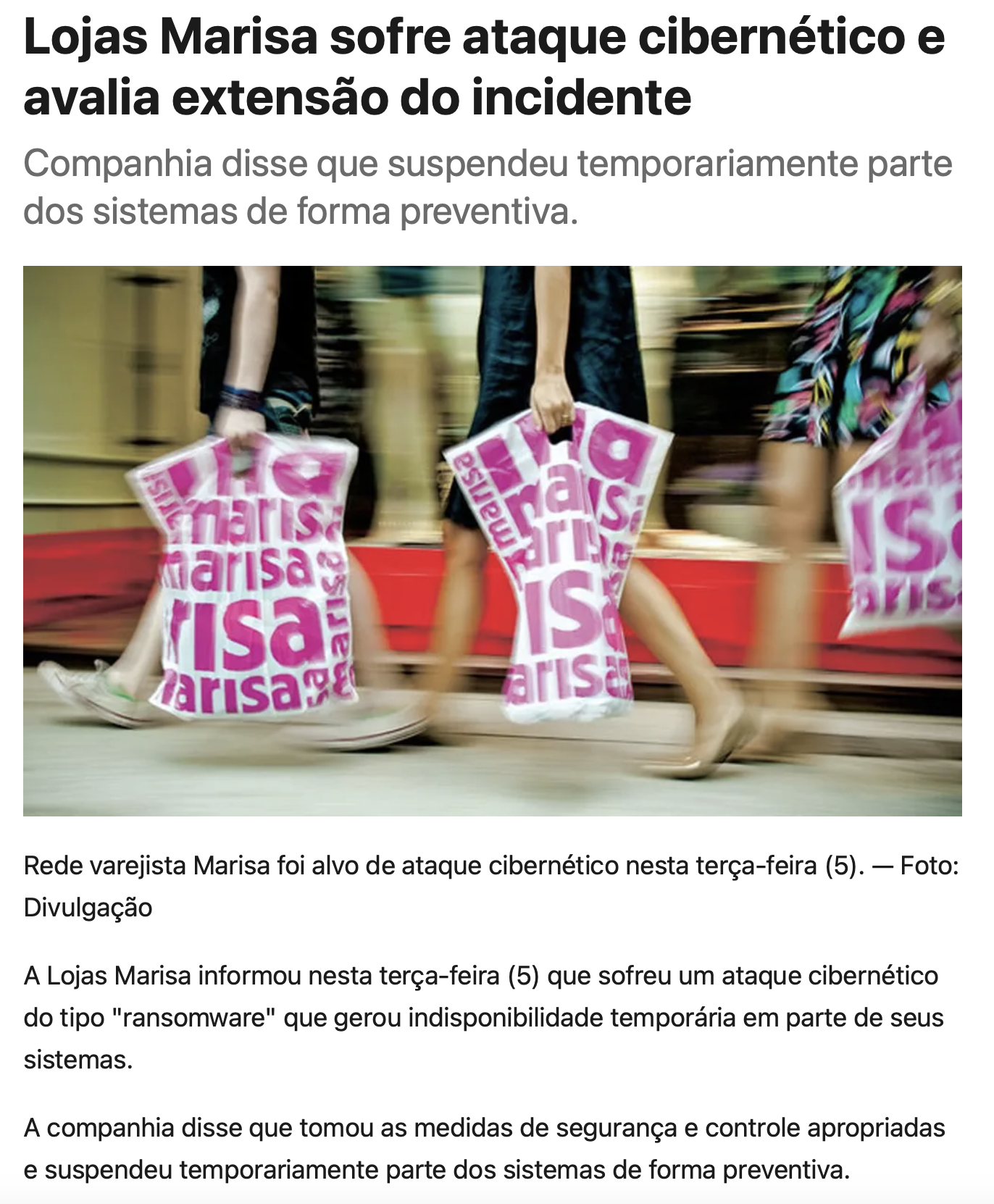 Ataque cibernético - Lojas Marisa 2024
