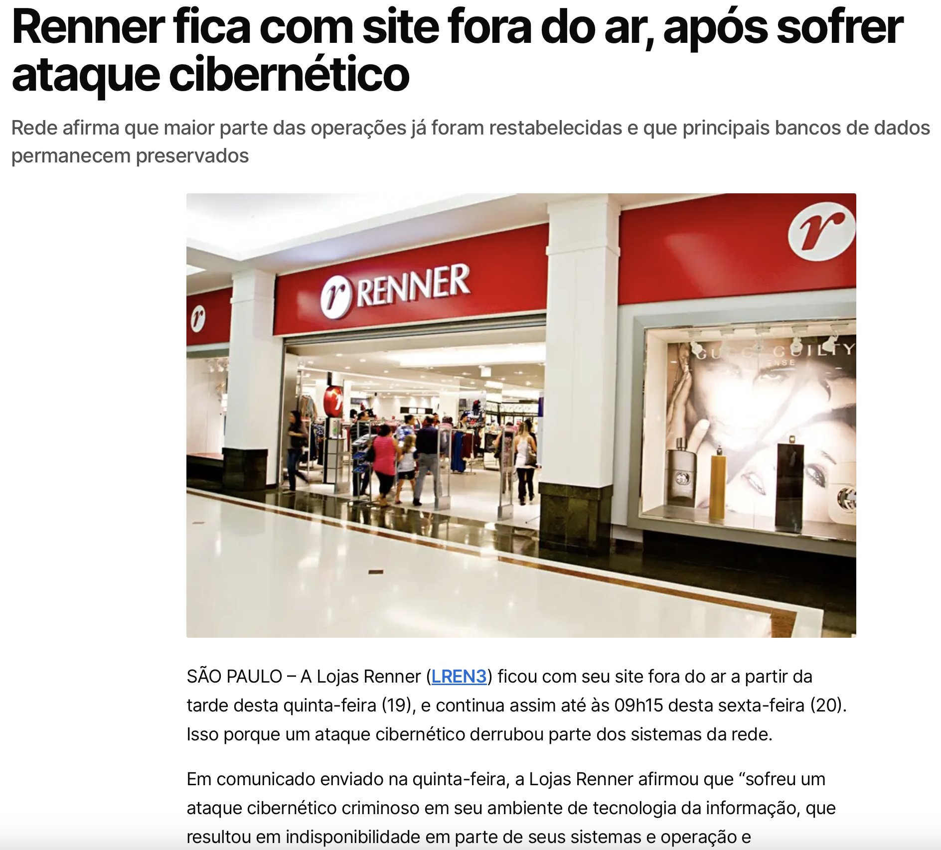 Ataque cibernético - Lojas Renner 2021