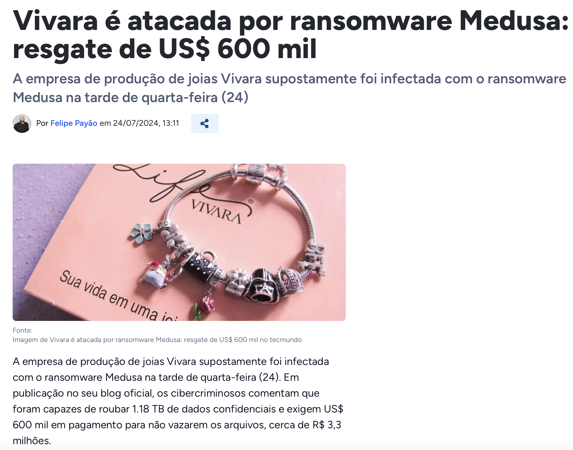 Ataque ransomware Medusa - Vivara 2024